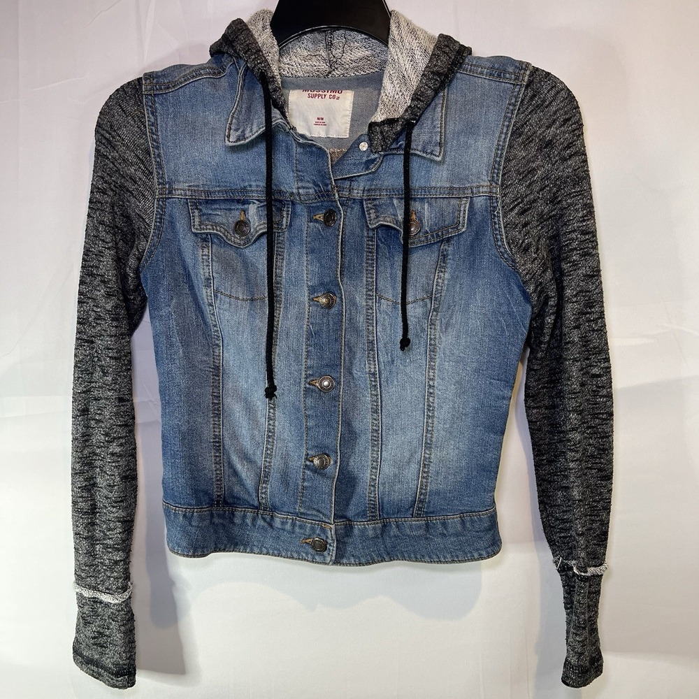 Mossimo Supply Co Women's Jean Jacket Hoodie Medium Denim Knit Sleeve Hooded